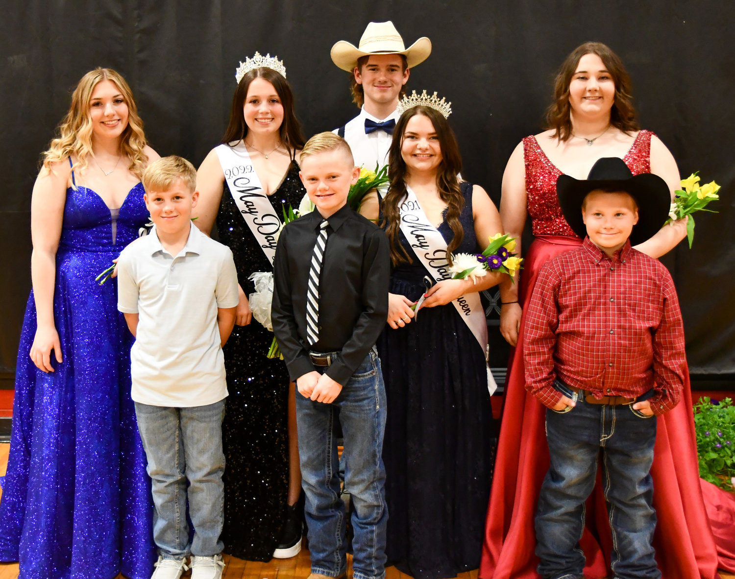 The May Day Court for 2022 included; (left to right) Riley Cooper, Jaeston Rodgers, Queen Ryleigh Long, Gage Vandegriffe, Kayden Robertson, Keleigh Guinn-retiring Queen, Mackenzie Garner, and Blake Garner.