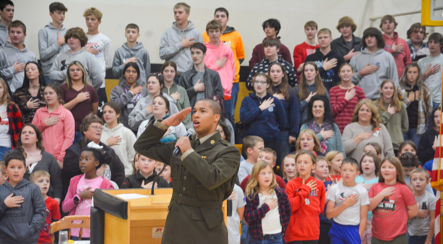 Vienna High School student Darius McCoy Bennett led the Maries R-1 assembly in the Pledge of Allegiance.